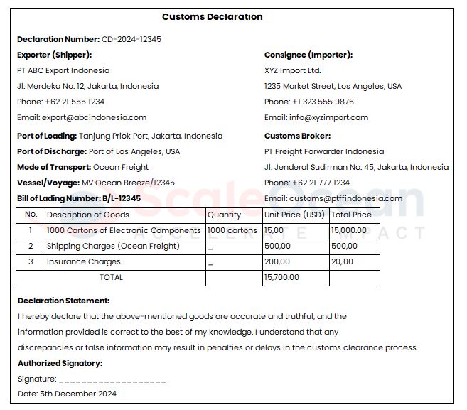 contoh dokumen ekspor impor custom declaration 