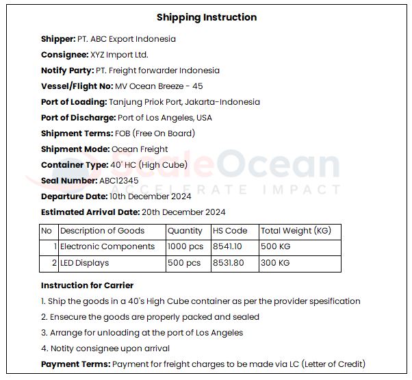 contoh dokumen ekspor impor shipping instruction