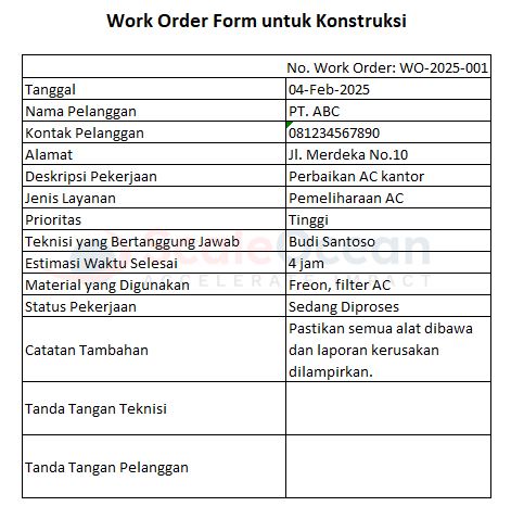 Template Work Order untuk Industri Jasa