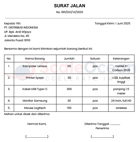 Contoh Surat Jalan Ekspedisi Usaha Printing