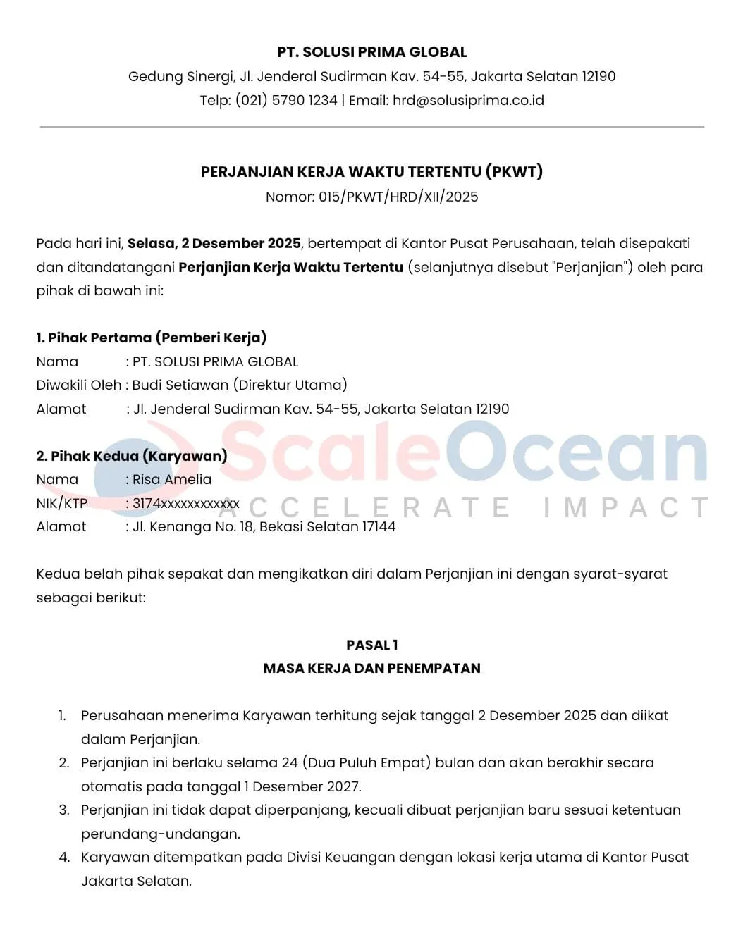 Contoh kontrak perjanjian kerja waktu tertentu (PKWT) 01.