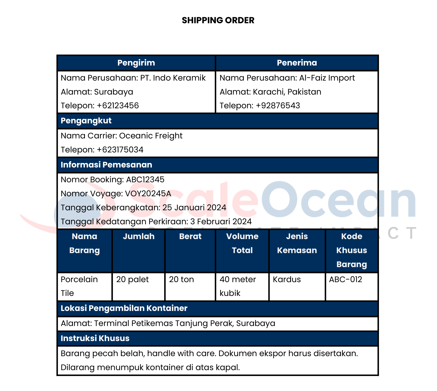 Contoh Shipping Order